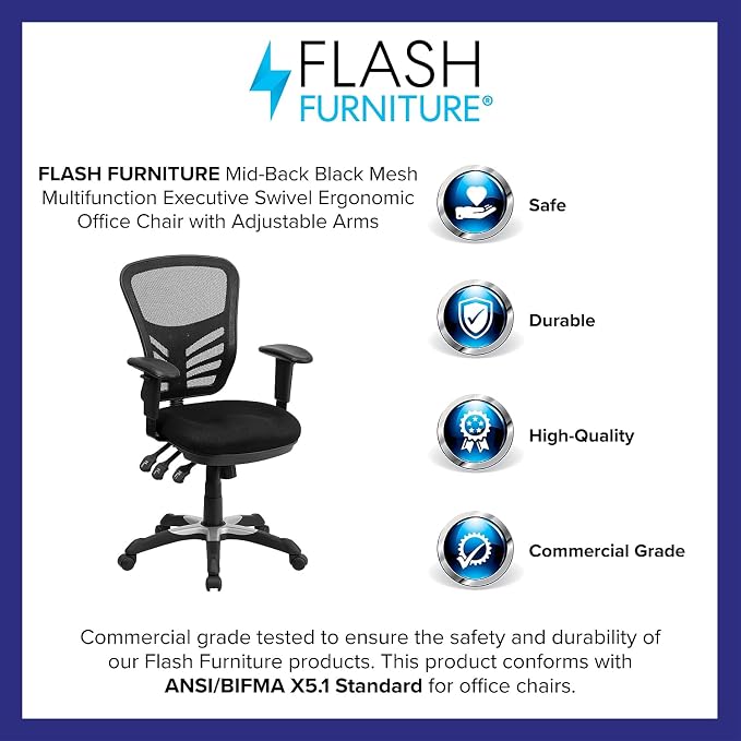 Flash Furniture Nicholas Mid-Back Black Mesh Multifunction Executive Swivel Ergonomic Office Chair with Adjustable Arms, Set of 4
