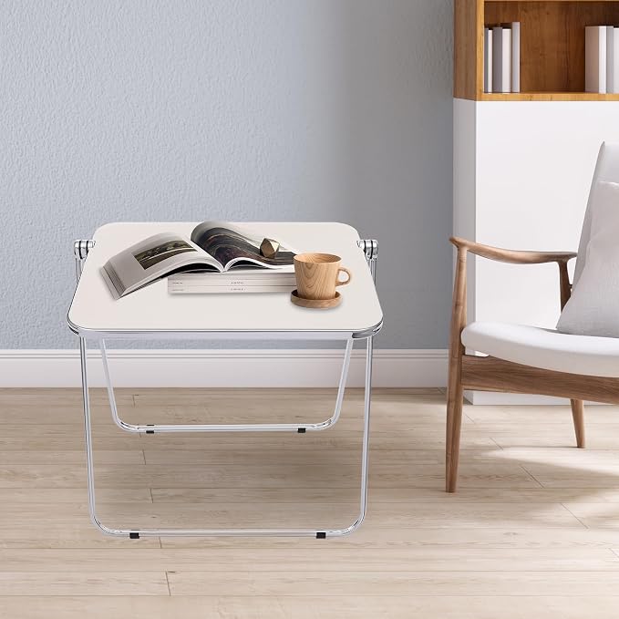 Acrylic Folding TV Tray Table, Small Portable Square Laptop Desk, End Side Table Modern Square Table for Home Office, No Assembly Space-Saving Side Table with Metal Frame (White)