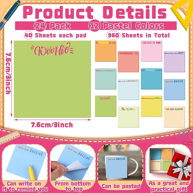 Yinder 24 Pcs Inspirational Sticky Notes Thank You Gift Motivational Sticky Note Pad Employee Appreciation Gift Bulk for Staff Coworker Teacher Nurse Office Groups 3 x 3'' (Thank You,Elegant Color)