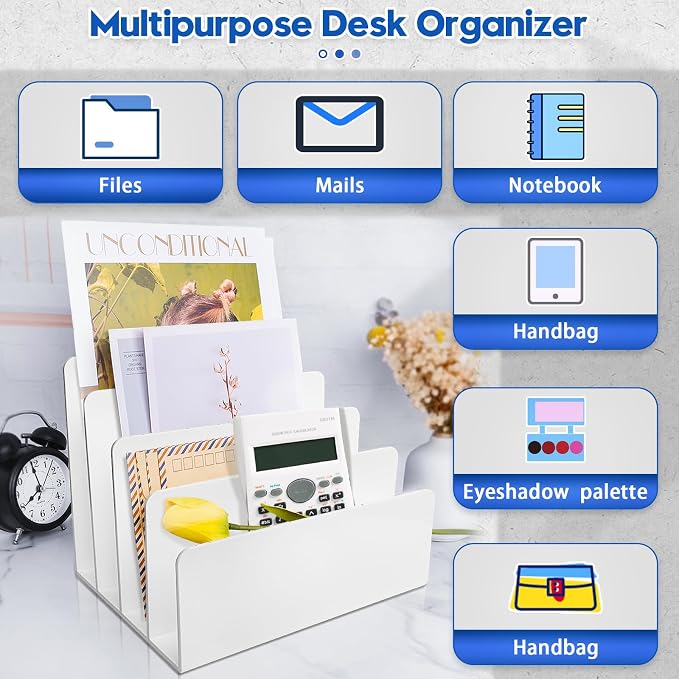 4 Section White Acrylic Desk Organizer and Accessories, Sturdy & Thick Acrylic File Folder Holder Sorter, Office Supplies for Mail, Letters, Paper, Electronics