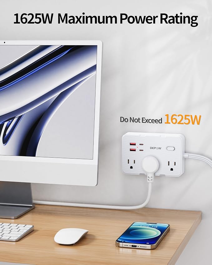 DEPOW Surge Protector Power Strip, 3 FT Extension Cord with 6 AC Outlets(1625W/13A) 4 USB Ports,1050J Surge Protection, Wall Mountable Charging Station for Office, Home, White