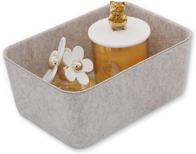 Felt deep Storage Bins lidded Drawer Organizer Caddy for junk stuff stationery makeup jewelry closet bathroom minimalist lifestyle (Oatmeal Bin, S)