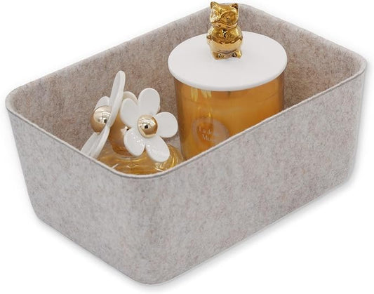Felt deep Storage Bins lidded Drawer Organizer Caddy for junk stuff stationery makeup jewelry closet bathroom minimalist lifestyle (Oatmeal Bin, S)