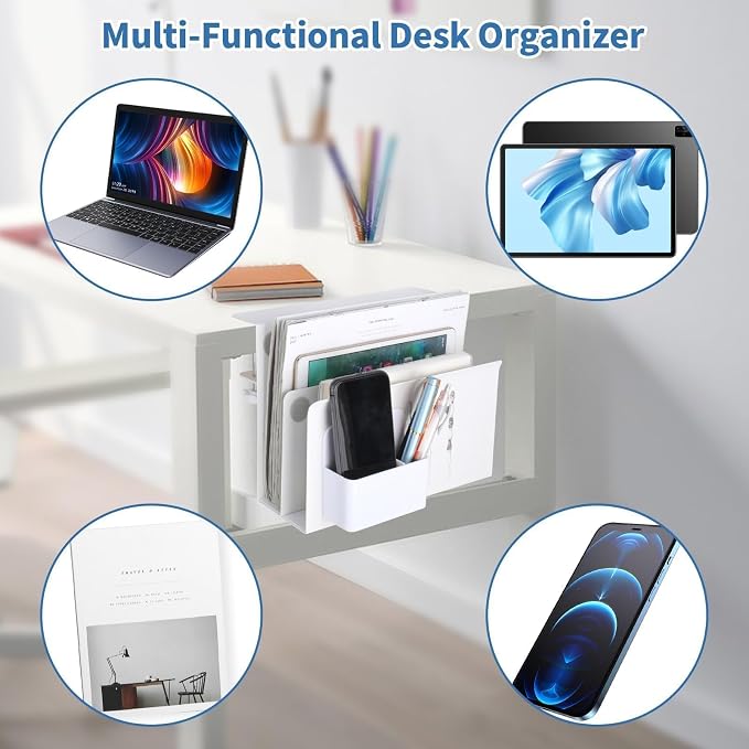 2 Tier Desk Side Storage Organizer, Under Desk Laptop Holder with Magnetic Pen Holder, No Drill Hanging Desks Caddy for Office & Home, Clamp On Desk Shelf for Tablet, Files, Accessories(White)