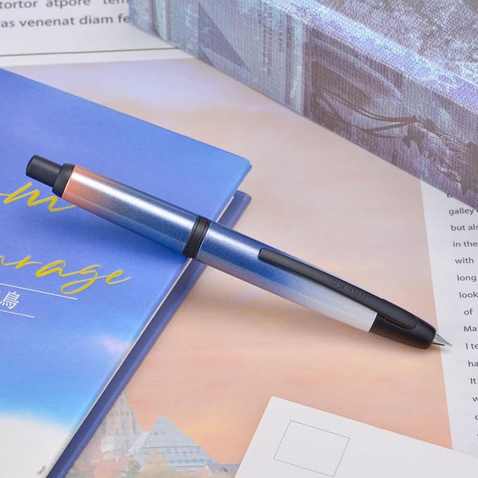 Jinhao 10 Press Fountain Pen with Box, Gradient Dark Blue Retractable Fine Nib with Ink Converter Set (Black Clip)