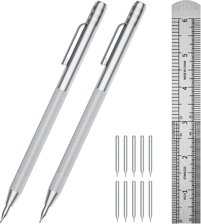 GCHMDE 2-Pack Tungsten Carbide Scriber, Metal Scribe Tool with 25 Replacement Marking Tips & Steel Ruler - Knurled Aluminum Handle & Magnet, Engraving Pen for Glass/Ceramics/Metal Sheet (2)