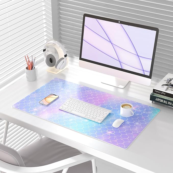 QiyI Large Desk Pad, Colorful Mouse Pad Desktop Decor, Waterproof PU Leather Desk Cover Protector, Desk Accessories for Office Home Work Writing Gaming 31.5" x 15.7" - Gradient Fish Scales