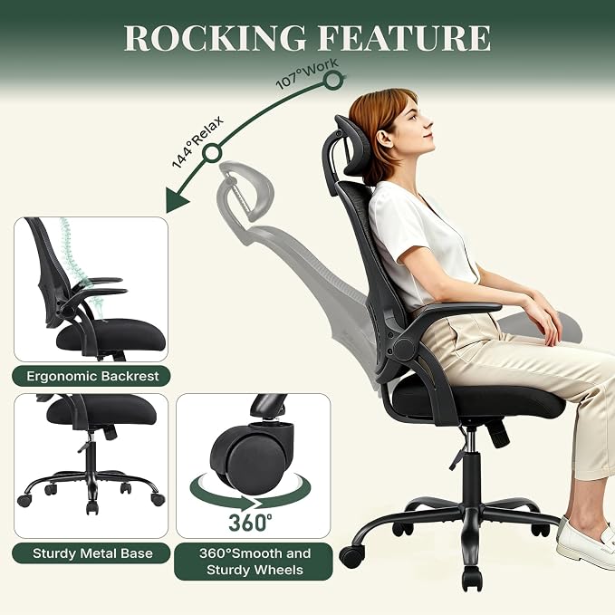 Ergonomic Office Chair, Comfy Desk Chair with Wheels, Adjustable Headrests, Flip-Up Armrests, Breathable Mesh High-Back, Comfortable Swivel Seating for Home Computer, Black