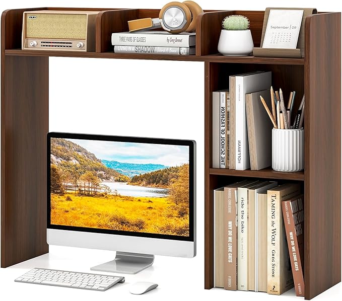 Tangkula Desktop Bookshelf, Countertop Storage Hutch with Shelves for Computer Desk, Desk 3-Tier Display Rack, Multipurpose Wood Desktop Hutch Storage Organizer for Dorm Office (Walnut)