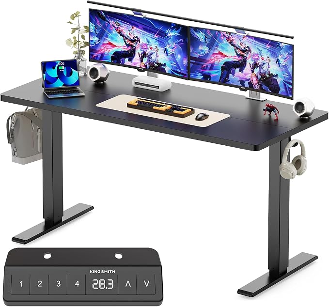 WALKINGDESK 48x24 Inches Height Adjustable Electric Standing Desk with 2 Hooks for Home Office, Ergonomic Sit Stand up Desk with Splice Board, Black