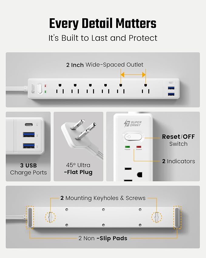 2 Pack Flat Plug Surge Protector Power Strip, 6ft Ultra Thin Extension Cord with 3 USB, SUPERDANNY 6 Outlets Charging Station, Wall Mountable Outlet Extender for Home Office, College Dorm Room