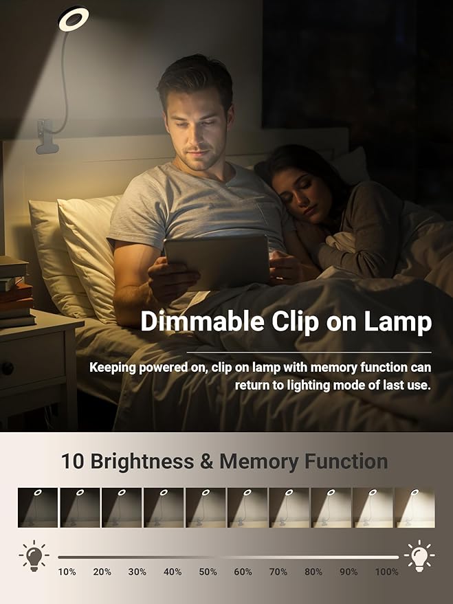 Clip on Lamp,5 Colors+10 Brightness Memory LED Desk Lamp with Clamp Light | 550lm Bright Clip on Light for Bed Headboard/Bedside Table,360° Adjustable Reading Light for Bed/Dorm/Nail/Puzzle,USB Adapter
