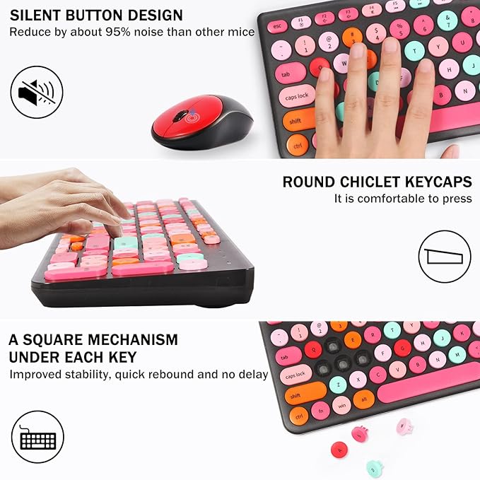 Wireless Keyboard and Mouse Combo, Retro Typewriter Keyboard with Round Keycaps, 2.4GHz USB Cute Wireless Keyboard Mouse for Computer, Desktop, Laptop and Computer (Black-Colorful)