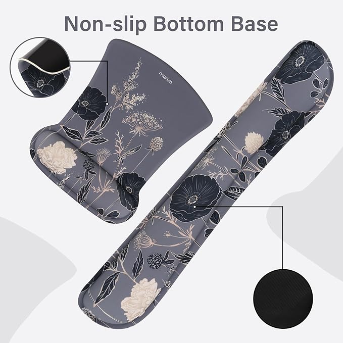 MOSISO Keyboard Mouse Pad Set, Large Gaming Mouse Pad&Keyboard Wrist Rest&Mouse Wrist Rest&Coaster, Ergonomic Non-Slip Retro Flower Floral Mousepad with Raised Memory Foam for Home Office, Gray