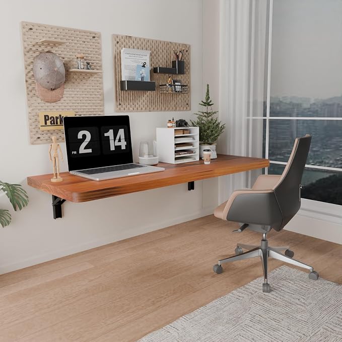 IAE Wall Mounted Folding Table with Pine Wood,36" x 14" Floating Wall Desk,Laundry Folding Table with Shelf Brackets,Fold Down Desk Shelf,Fold Workbench for Apartments,Home,Laundry Room,Kitchen,Teak