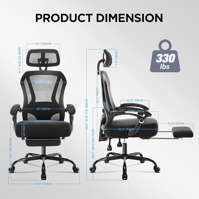 Ergonomic Office Chair with Footrest,Ultra Thick Desk Chair,Black | 150°Reclining,Mesh High Back,Adjustable 2D Lumbar Support and Headrest,4.8" Spring Cushion,Premium Computer Chair for Adults