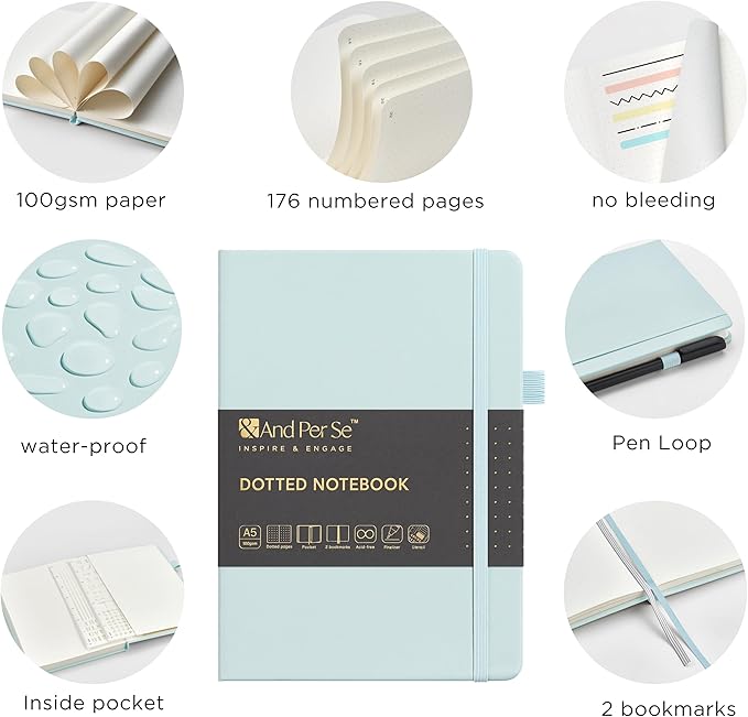 &And Per Se A5 Hardcover Dotted Notebook Kit for Beginners – 176 Numbered Pages, 100gsm Thick Paper, Includes Stencils & Fineliner Pen | Leather Bullet Journal with Templates, Lay Flat Design, Premium Gift for Women Men (Cyan)