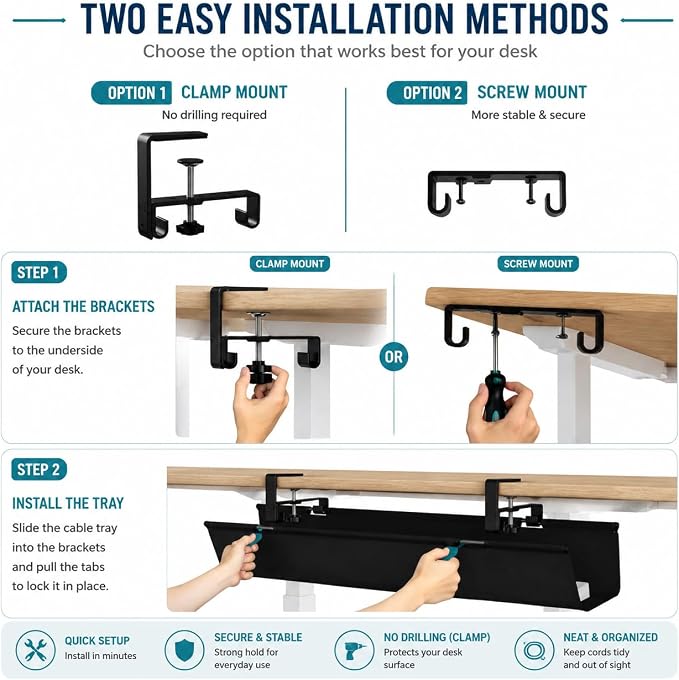 No Drill Under Desk Cable Management Tray, 90cm Cord Organizer for Table, Clamp/Screw Mount Desk Cable Management