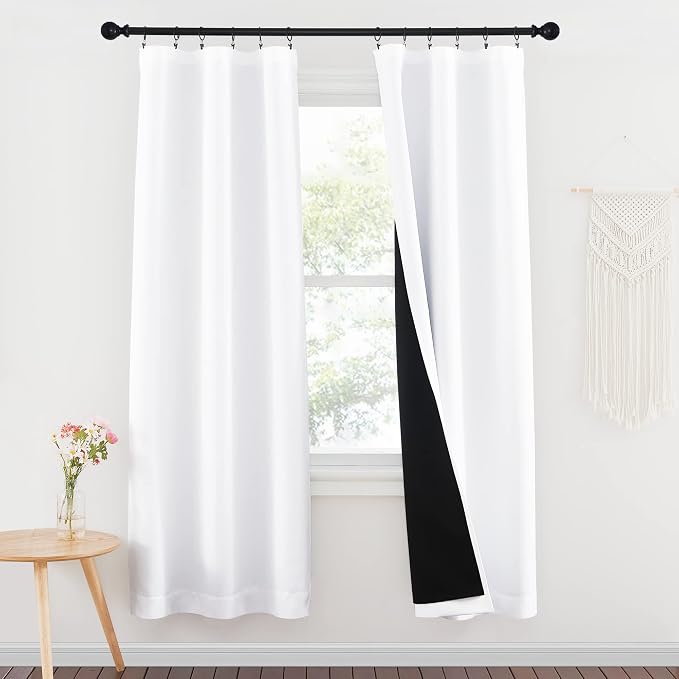 NICETOWN 100% Blackout Window Curtain Panels, Rod Pocket Full Light Blocking Drapes with Black Liner for Nursery, 72 inches Drop Thermal Insulated Draperies (White, 2 Pieces, 37 inches Wide Per Panel)