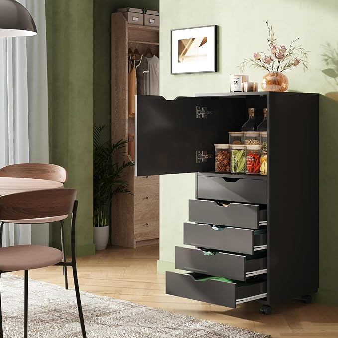 DEVAISE 5 Drawer Cabinet with 1 Door, Mobile Office File Cabinet, Black | Wood Rolling Cart, Filing Drawers, Craft Storage Drawer Cabinet, Printer Stand, Home Office