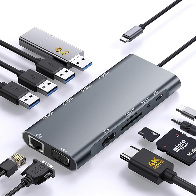 USB C Hub Multiport Adapter, 11 in 1 USB C Docking Station with 4K HDMI, 1080P VGA, 100W PD, USB 3.0, RJ45 Ethernet, TF/SD Card Reader, 3.5mm Audio, USBC Dongle for MacBook Pro/Air, Windows, Laptops
