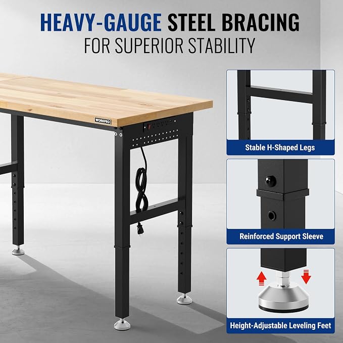 WORKPRO 96" Adjustable Workbench, Power Outlet & Pegboard, 4000LBS Capacity