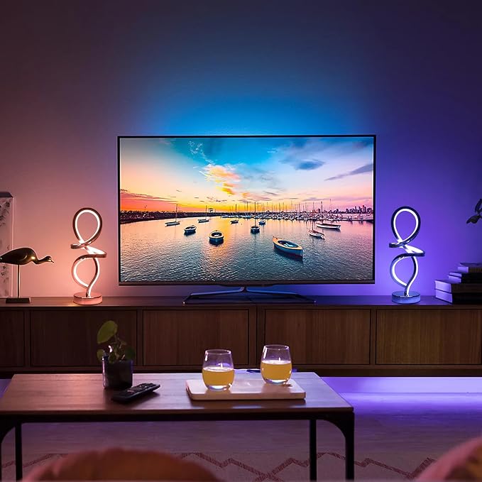 Mayful RGB Modern Table Lamp with 15W LED Unique Spiral Design, Silver Small Bedside Lamp & Nightstand Lamp, Touch Dimmable with 7 Colors & 10 Modes for Bedroom, Living Room, Nightstand, Office