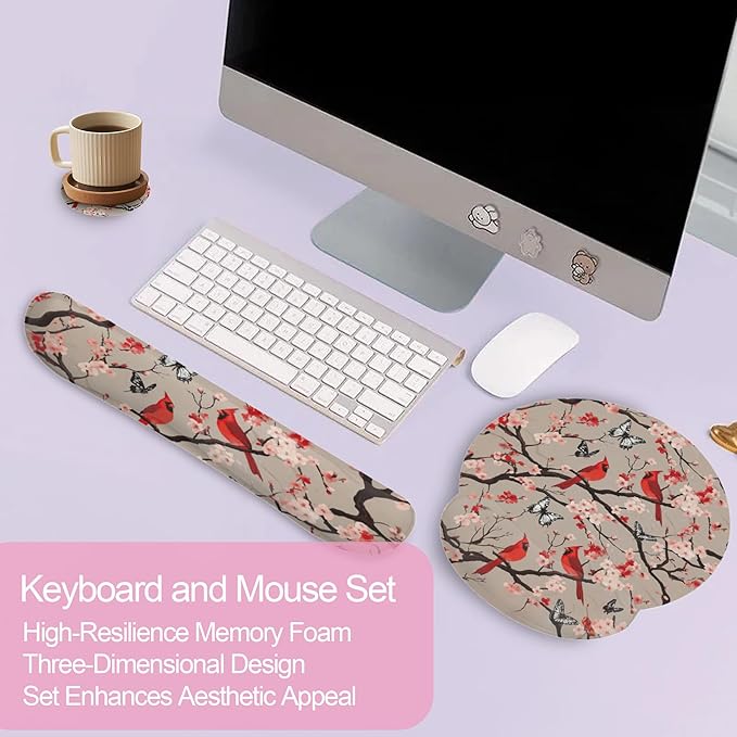 Cardinal Cherry Blossom Butterfly Keyboard Wrist Rest Pad and Mouse Pad Wrist Support Set,3-in-1 Ergonomic Mouse Pad with Non-Slip Rubber Base for Home Office Game Computers Desk,