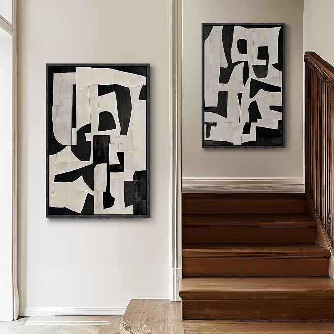 Large Framed Black and White Abstract Wall Art for Living Room, 2 Piece Modern Canvas Prints Paintings Artwork for Walls, Minimalist Black Beige Pictures for Hallway Dining Bedroom Wall Decor 24x36 In