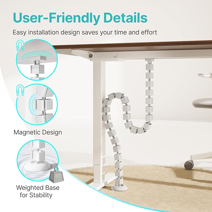 PEGZONE Under Desk Cable Management Spine – Flexible Cable Snake Organizer for Standing Desk, Tool-Free Magnetic Vertebrae Wire Management for 0.4"-2" Table, White