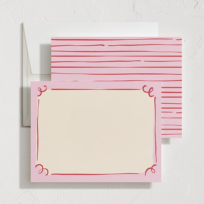 Minted Curly Corners Stationery Set, Set of 10, Flat Note Cards & Envelopes for Invitiations and Handwritten Thank You Messages, Pink Hand-Drawn Frame Design, Gifts for Women, Luxurious Paper