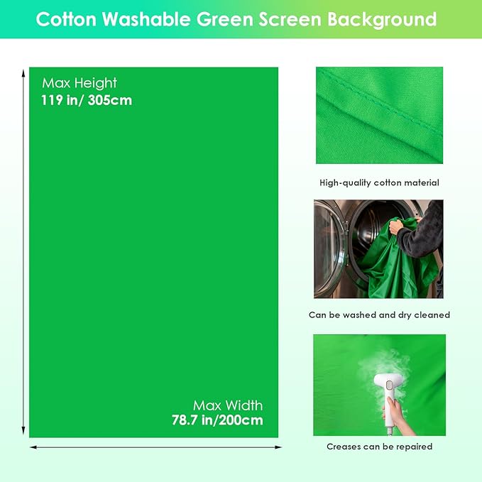 Green Screen Backdrop Kit, 10 x 6.5 Ft Portable Green Screen with T-Shaped Stand, Carrying Bag, 5 Clamps, Photography Greenscreen Background Kit for Streaming, Gaming, Zoom