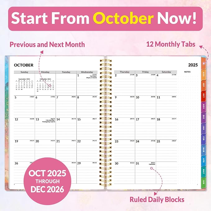 SUNEE 2026 Weekly and Monthly Planner - from January 2026 - December 2026, Daily Agenda Planner with Monthly Tab, Flexible Cover, Note Pages, Pockets, Bookmark, Spiral Binding, Pink Marble, 8.5"x11"
