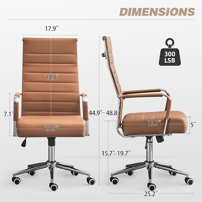 JOMEED Office Desk Chair,Conference Room Chair,High Back PU Leather Swivel | Modern Executive Ribbed Design, Ergonomic, Height Adjustable, Wheels and Arms, for Home Office(Brown-Silver Frame)