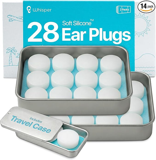 Whisper Ear Plugs (28 pcs) | Soft Silicone | Reusable Silicone Ear Plugs for Swimming, Sleep, Travel, Noise & Snoring | Moldable Comfort Fit Wax Earplugs for Sleep | Waterproof Swim Ear Plugs Adults