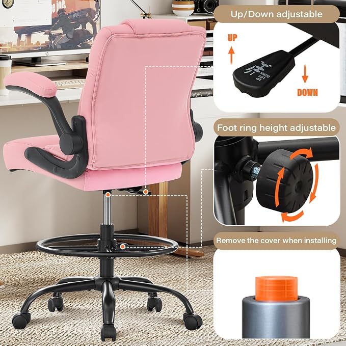 Ergonomic Drafting Chair,Tall Office Chair for Standing Desk with Flip-Up Armrests,Adjustable Foot Ring & Height, High Leather Executive Office Chair for Home,Drawing or Counter Height Use