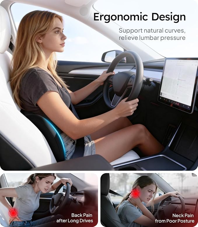 Wigoo Lumbar Support Pillow for Car-Office Chair, Black 1-Pack | Memory Foam| Ergonomic| Universal Fit