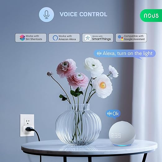 NOUS Wi-Fi Smart Plug 15A, Dual-Band 2.4GHz & 5GHz, Energy Monitoring, Compatible with Alexa, Google Home, Tuya Smart App, Remote Control, Timer, Compact Design, Smart Outlet, 1 Pack