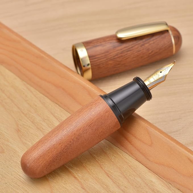 Majohn Q1 Fountain Pen Fude Pen Bent Nib Brown Wood, Little Fat Man Eyedropper Filling Pocket Pen Large Capacity