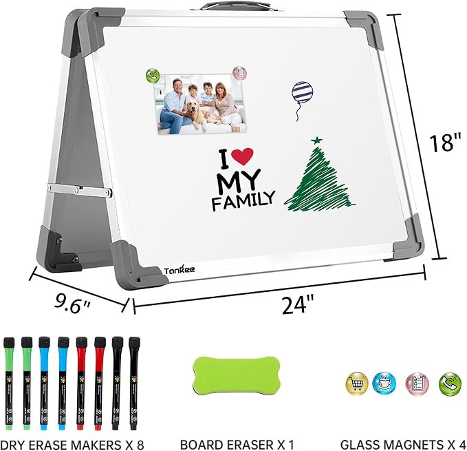 TANKEE Whiteboard 18x24 Inches Double Sided Magnetic Dry Erase Board with Stand, Foldable Desktop Tabletop White Board Easel Portable Whiteboard for Classroom Homeschooling Home Office School Teacher