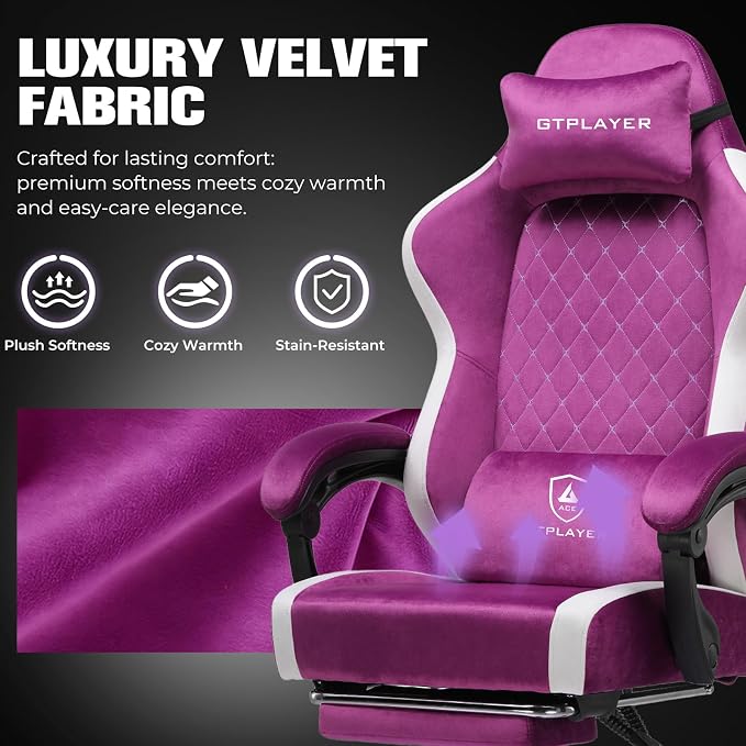 GTPLAYER Big and Tall Gaming Chair 350lbs Heavy Duty Office Chair with Foot Rest, High Back Pocket Spring Ergonomic Computer Chair for Adults, Wide Comfy Seated Cushion with Linkage Armrests, Purple
