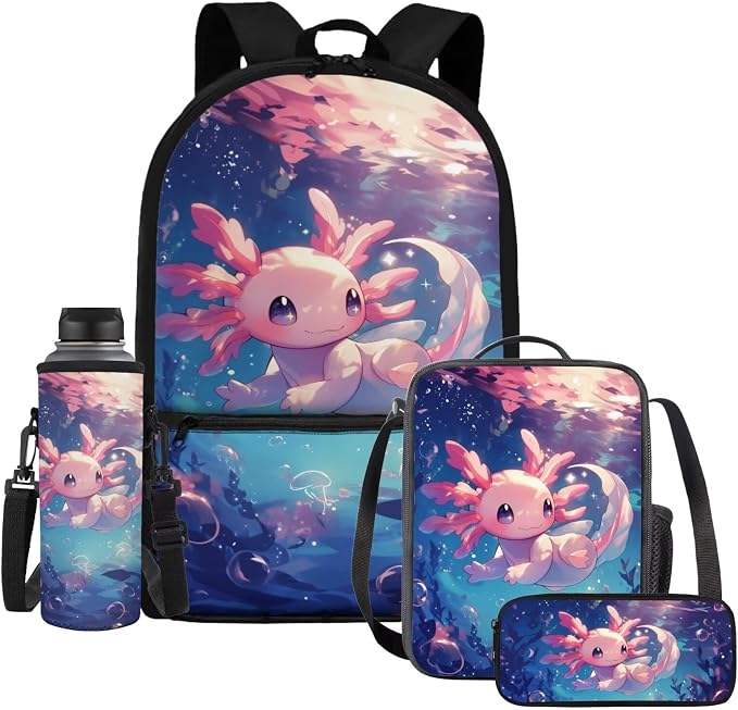 WELLFLYHOM Axolotl Jellyfish Kids School Backpack Girls 6-8 Years Old 4 Pcs Book Bag with Lunch Box Pencil Case Water Bottle Sleeve for Elementary Primary School Blue