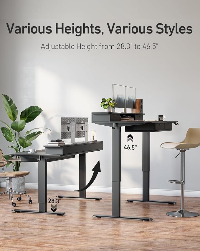 CubiCubi 48" x 24" Standing Desk with Drawers, Height Adjustable Electric Workstation, Computer Sit Stand Up Table with Large Storage Shelf 4 Drawers and 2 Hooks, Black