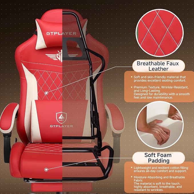 GTPLAYER Gaming Chair with Footrest, Ergonomic Office Chair 400lbs Heavy Duty, Big and Tall Computer Desk Chair with Lumbar Support and Headrest, Faux Leather 90-155° Recline Red