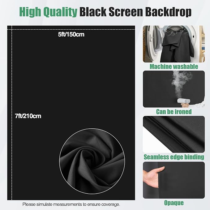 Black Backdrop Kit, 5×7ft Portable Black Photo Background with Adjustable T-Shaped Stand, 5 Clamps, Carrying Bag for Parties, Streaming, Photography, Zoom, Gaming, Video Studio
