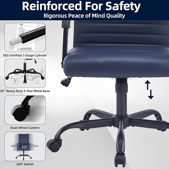 Office Chair, Ergonomic Executive Conference Room Chairs, Ribbed Leather Desk Chair with Lumbar Support, Adjustable Height Mid-Back Swivel Chair with Padded Seat
