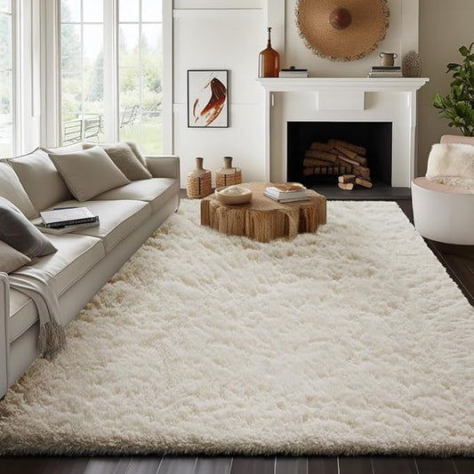 Ophanie 7x10 Area Rugs for Living Room,Upgrade Non-Slip Fluffy Soft Large Shag Bedroom Carpet,Ivory Big Indoor Thick Nursery Rug,Carpets for Boy and Girls Room Dorm Decor with Over 99 pcs Pile fibers