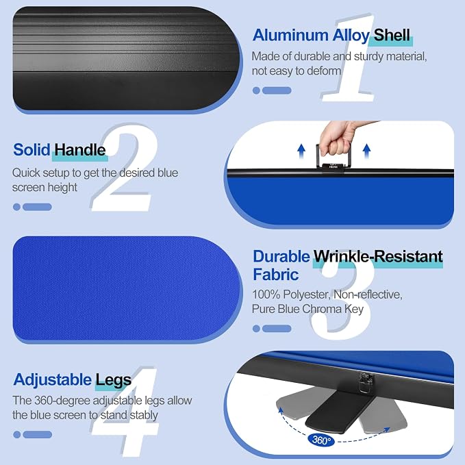 Blue Screen, Collapsible Chromakey Backdrop Retractable Photo Background | 74 x 76in Portable Chroma Key Panel, Wrinkle Resistant, Pull Up, Video Conference, Live Game, Streaming, Photographic Studio