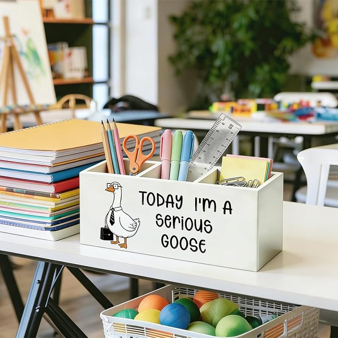 Funny Goose Pen Pencil Holder for Desk, Office Humor Gifts for Coworkers, Today I'm a Serious Goose Wooden Box Sign Organizer for Office Workplace Desk Accessories Tabletop Decorations