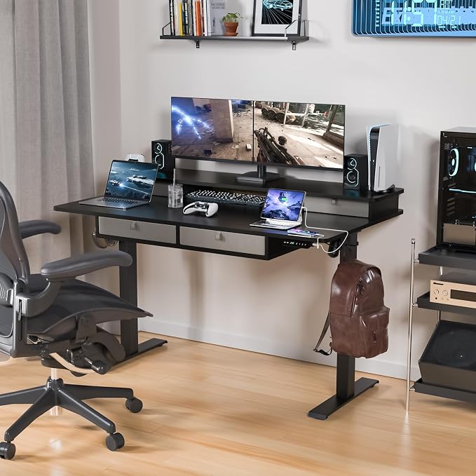 55 * 30 Inches Electric Standing Desk Adjustable Height with 4 Drawers, Double Storage Shelves Stand Up Desk, Home Office Workstation Sit Stand Desk (Classical Black)